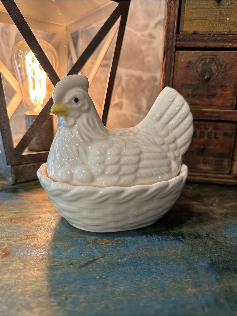 Vintage White Ceramic Hen on Nest Covered Dish